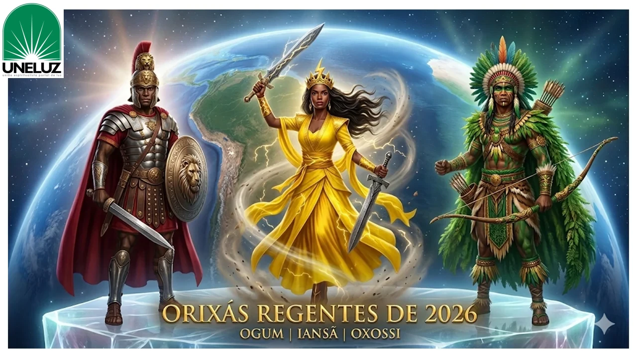 Uma representação épica e realista de três Orixás Regentes de 2026 sobre uma plataforma de gelo no espaço, com o planeta Terra ao fundo. À esquerda, Ogum como um guerreiro negro em armadura de centurião romano com capa vermelha e escudo de leão. No centro, Iansã como uma rainha negra com coroa de raio e vestido inteiramente amarelo, segurando duas espadas. À direita, Oxossi como um guerreiro indígena negro com cocar de penas verdes e detalhes em folhagem, segurando arco e flecha. Abaixo, o texto 'ORIXÁS REGENTES DE 2026. OGUM | IANSÃ | OXOSSI'.